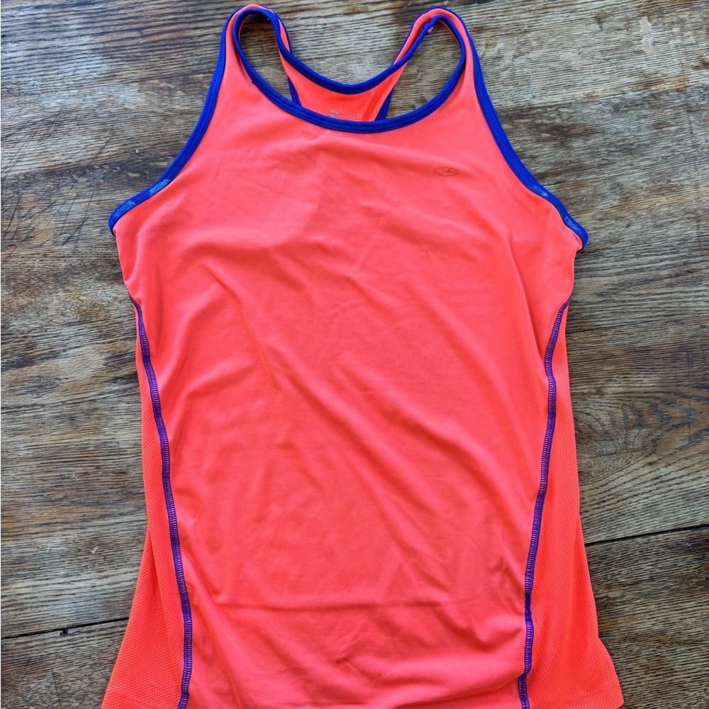 Vibrant Coral Tank Top with Blue Trim